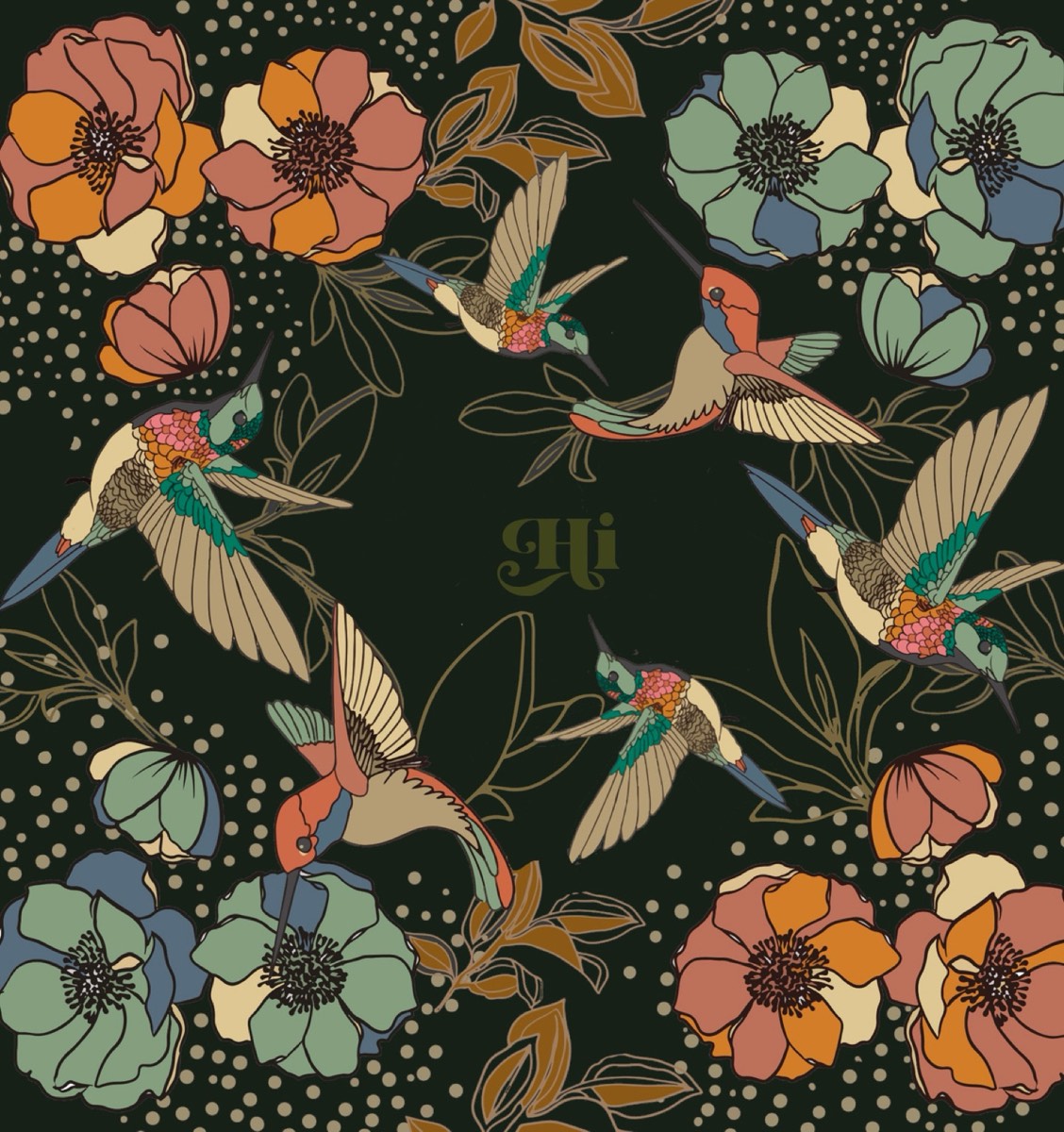 Motif textile aux colibris et fleurs